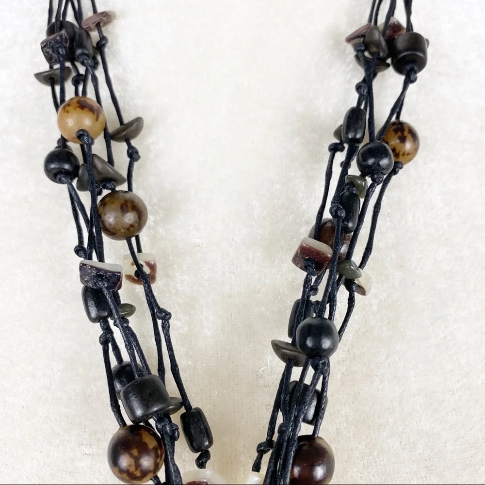 Bohemian Boho Black Wood Shell Statement Necklace